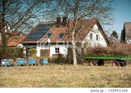 Colorful Beehives In Rural Garden Apiary: Backyard Beekeeping Scene With Solar Roof Houses In Bavaria Germany Colorful Beehives In Rural Garden Apiary: Backyard Beekeeping Scene With Solar Roof Houses In Bavaria Germany 138441166