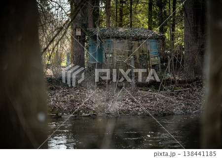Small Riverside Hut On Amper River In Emmering: Hidden Wooden Structure Between Olching And Fuerstenfeldbruck Near Munich 138441185