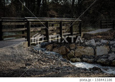 Wooden Pedestrian Bridge In Emmering Over Amper River: Perspective Walkway Between Olching And Fuerstenfeldbruck Near Munich Wooden Pedestrian Bridge In Emmering Over Amper River: Perspective Walkway Between Olching And Fuerstenfeldbruck Near Munich 138441186