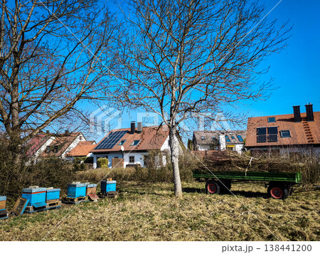 Colorful Beehives In Rural Garden Apiary: Backyard Beekeeping Scene With Solar Roof Houses In Bavaria Germany Colorful Beehives In Rural Garden Apiary: Backyard Beekeeping Scene With Solar Roof Houses In Bavaria Germany 138441200