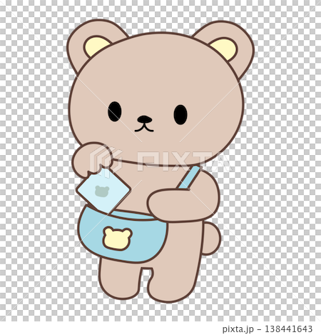 Cute bear getting ready illustrations: Putting belongings in bag, getting ready to go out, checking for forgotten items, daily habits, educational elements Cute bear getting ready illustrations: Putting belongings in bag, getting ready to go out, checking for forgotten items, daily habits, educational elements 138441643