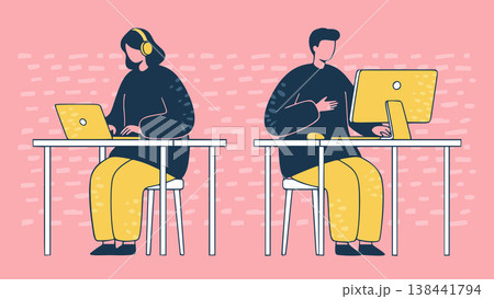 在宅ワークとリモートワーク PCで仕事に集中する男女のゆるポップイラスト 在宅ワークとリモートワーク PCで仕事に集中する男女のゆるポップイラスト 138441794