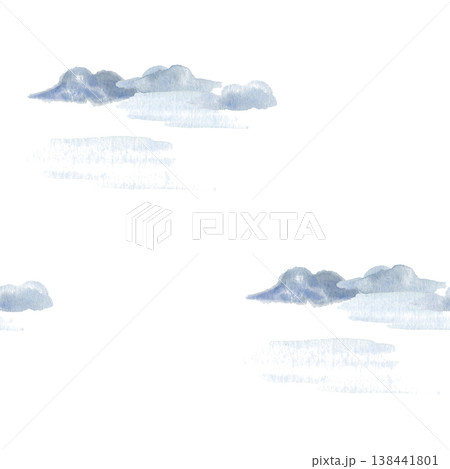 Minimal cloud seamless pattern with soft watercolor shapes on white background, hand painted sky illustration. Light airy repeat design for fabric, wallpaper, wrapping paper and packaging decor 138441801