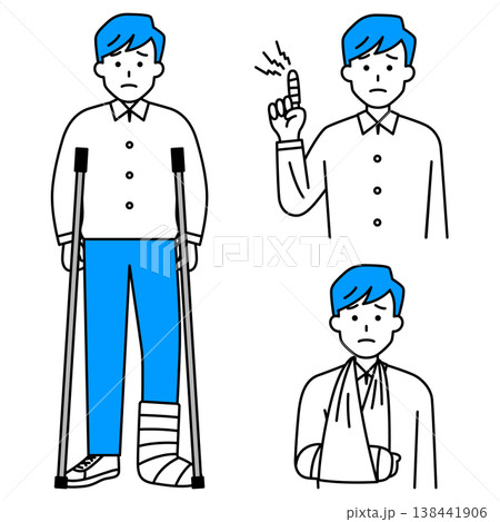 指・腕・足の怪我をしている若い男性のセット 指・腕・足の怪我をしている若い男性のセット 138441906