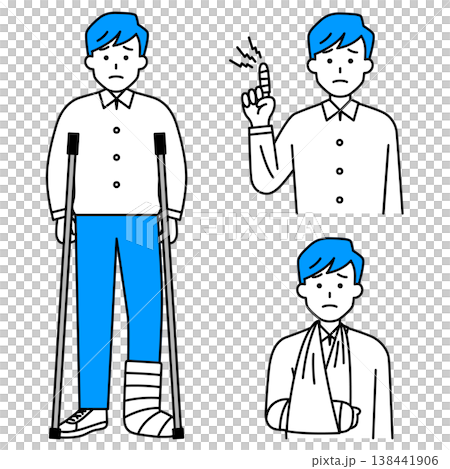 指・腕・足の怪我をしている若い男性のセット 指・腕・足の怪我をしている若い男性のセット 138441906