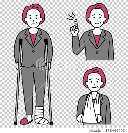 指・腕・足の怪我をしている中年のスーツの女性のセット 指・腕・足の怪我をしている中年のスーツの女性のセット 138441908