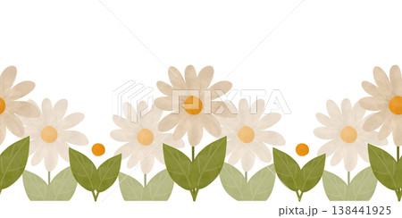 Light flowers, green leaves, simple ornament. Seamless border in flat style. Watercolor, pastel. Hand-drawn illustration. Design element for products Light flowers, green leaves, simple ornament. Seamless border in flat style. Watercolor, pastel. Hand-drawn illustration. Design element for products 138441925