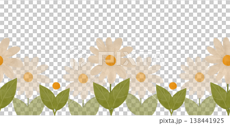 Light flowers, green leaves, simple ornament. Seamless border in flat style. Watercolor, pastel. Hand-drawn illustration. Design element for products Light flowers, green leaves, simple ornament. Seamless border in flat style. Watercolor, pastel. Hand-drawn illustration. Design element for products 138441925