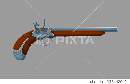 Pirate gun or flintlock pistol, corsair musket rifle of marine weapons, cartoon vector icon. Caribbean pirate musket or blunderbuss pistol, ancient maritime firearm or corsair nautical arquebus gun 138442042