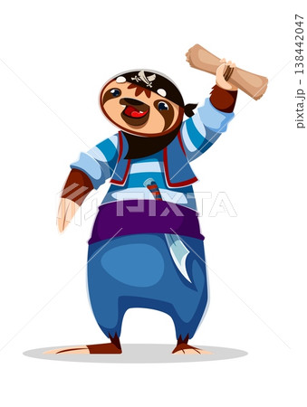 Cartoon sloth animal pirate crew character holding a scroll. Vector lazy and funny corsair wears a bandana, stands cheerfully with a saber on belt, ready for treasure hunt adventures on the high seas Cartoon sloth animal pirate crew character holding a scroll. Vector lazy and funny corsair wears a bandana, stands cheerfully with a saber on belt, ready for treasure hunt adventures on the high seas 138442047