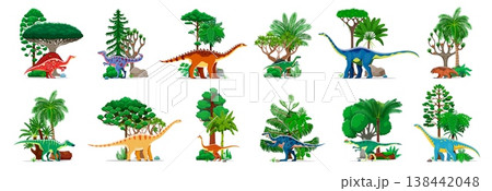 Cartoon funny prehistoric dinosaur characters, Jurassic lizards and reptiles, vector set. Prehistoric era dino species in jungle forest for kids dino atlas or paleontology animals encyclopedia 138442048