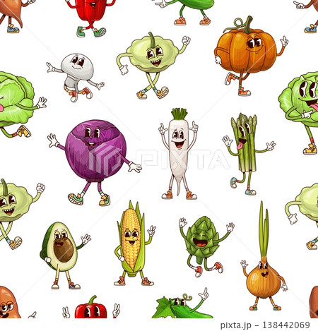 Groovy vegetable characters seamless pattern with dancing pumpkin, avocado, onion and corncob , walking cabbage, radish, jumping asparagus. Funky vegetables background for supermarket decor 138442069