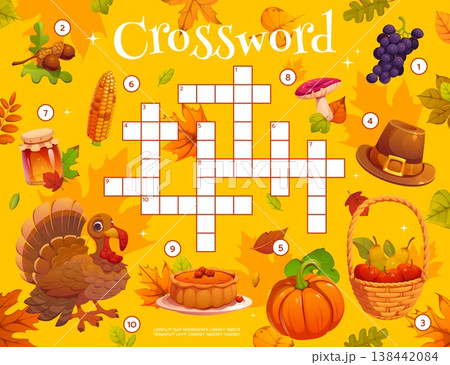 Happy Thanksgiving day crossword quiz game grid. Educational puzzle with acorn, corn, honey, turkey, pie, pumpkin, pilgrim hat, grape and mushrooms. Cartoon vector crossword for classroom activity Happy Thanksgiving day crossword quiz game grid. Educational puzzle with acorn, corn, honey, turkey, pie, pumpkin, pilgrim hat, grape and mushrooms. Cartoon vector crossword for classroom activity 138442084