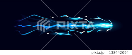 Cartoon blue game gun or glowing magic wizard power wave, vfx light effect. Vector neon magic light with abstract sparkle trail for combat game, animation or fx effects. Fantasy glow wave of energy. Cartoon blue game gun or glowing magic wizard power wave, vfx light effect. Vector neon magic light with abstract sparkle trail for combat game, animation or fx effects. Fantasy glow wave of energy. 138442094