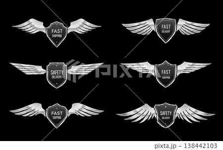Award shield with silver wings, delivery and shipping label badges. Vector set of realistic premium transport symbols for fast shipping and safety delivery services, logistics and courier guarantees Award shield with silver wings, delivery and shipping label badges. Vector set of realistic premium transport symbols for fast shipping and safety delivery services, logistics and courier guarantees 138442103