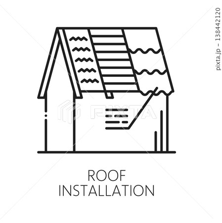 Home roof installation repair line icon or symbol. Cottage roofing construction service sign, house roof maintenance company vector icon. Property insulation repair outline symbol or pictogram 138442120