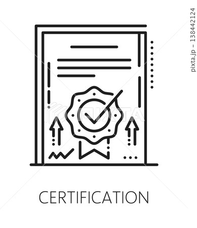 Quality certification and inspection line icon or symbol. Regulation inspection sign, standards certification vector pictogram. Production quality control symbol or icon with document and award seal 138442124