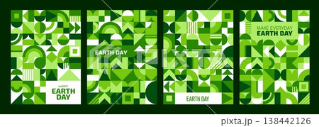 Earth Day posters with green geometric pattern. World environment, ecology, eco planet and nature abstract modern vector backgrounds with minimal geometric shapes mosaic for Happy Earth Day posters Earth Day posters with green geometric pattern. World environment, ecology, eco planet and nature abstract modern vector backgrounds with minimal geometric shapes mosaic for Happy Earth Day posters 138442126