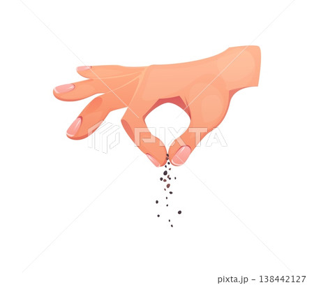 Cooking process hand sprinkling pepper with fingers. Culinary seasoning gesture with condiment spice falling down. Isolated cartoon vector food preparation moment showing human hand adding flavor Cooking process hand sprinkling pepper with fingers. Culinary seasoning gesture with condiment spice falling down. Isolated cartoon vector food preparation moment showing human hand adding flavor 138442127