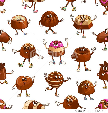 Groovy chocolate candy and sweets vector seamless pattern. Chocolate pralines, truffles, round candies, striped bonbons, nut topped sweets with cream, sprinkles, glossy glaze cartoon vector personages Groovy chocolate candy and sweets vector seamless pattern. Chocolate pralines, truffles, round candies, striped bonbons, nut topped sweets with cream, sprinkles, glossy glaze cartoon vector personages 138442140