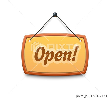 Hanging open signboard with bold lettering, wooden shop and store door plate suspended by rope and pin. Vector isolated retail notice, sign board announcement for cafe or business entrance display 138442141