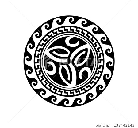 Maori sun ornate medallion warrior graphic black tattoo or symbol. Maori tribe folk decoration, Polynesian warrior abstract symbol. New Zealand ethnic graphic tattoo 138442143
