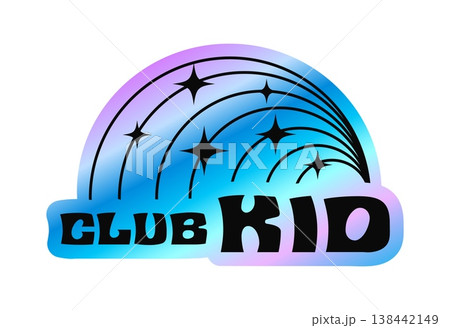 Club kid hologram retro Y2K sticker or symbol. Reflective holographic Y2K vintage sticker, gradient chrome hologram vector label. Metallic color foil patch with falling stars and retro typography Club kid hologram retro Y2K sticker or symbol. Reflective holographic Y2K vintage sticker, gradient chrome hologram vector label. Metallic color foil patch with falling stars and retro typography 138442149