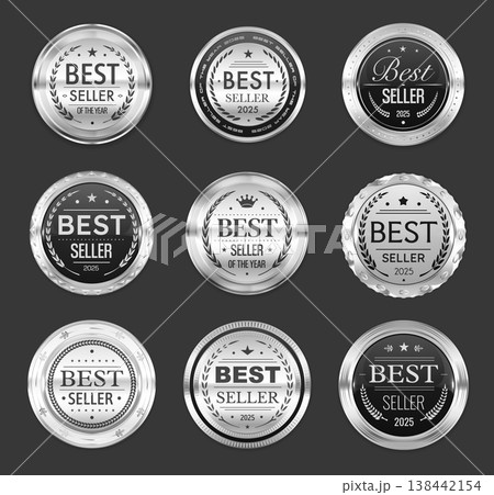 Bestseller award seals, silver badges and labels with laurel wreaths and stars. Round chrome metallic glossy emblems. Isolated premium quality marketing, promotion, business product ranking vector set 138442154