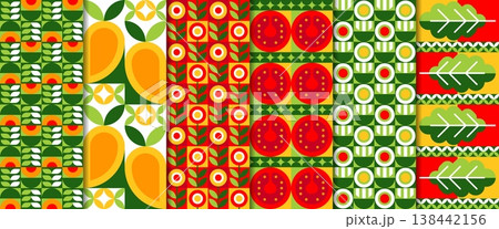 Modern geometric vegetables seamless patterns. Vector repeating tiled layout with tomato slices, leaves shapes. Decorative background with bold color blocks, abstract plant motifs, retro food ornament 138442156