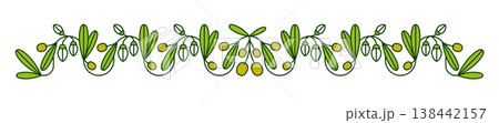 Olive divider, separator and border frame with branches, leaves and fruits. Vector horizontal greenery garland with Mediterranean olive harvest motif. Decorative natural plant isolated floral ornament 138442157