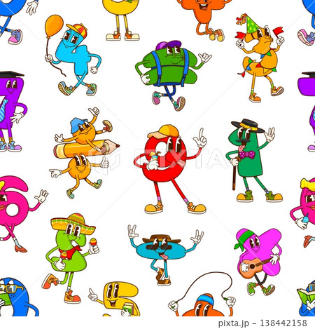 Cartoon math number groovy dancing characters vector seamless pattern background. Vector tile with cheerful digit y2k personages from zero to nine, colorful number strike dynamic poses and figures 138442158