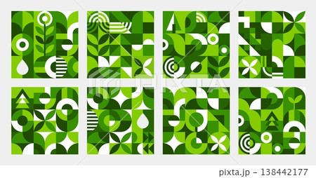 Ecology environment geometric nature pattern background. Abstract green leaf, flower and plant geometric shape patterns set for ecology, nature, biodiversity and organic agriculture themes 138442177