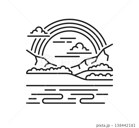 River bank and rainbow landscape line icon or emblem. Nature view lineart vector element or symbol, outdoor travel and hiking scene outline icon. Rainbow under river or lake bank pictogram or sign 138442181