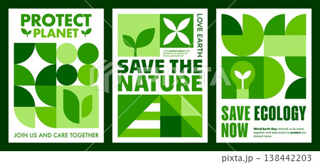 Save nature environment eco vector posters with green geometric pattern of circles, leaves, stars and triangles. Earth Day, eco product, ecological event posters. Ecology protection mosaic cards 138442203