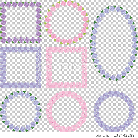 Summer flowers, rainy season, hydrangea round frame, illustration material, design, decorative frame, copy space, background 138442288