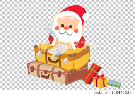 An illustration of Santa Claus writing a letter on top of a suitcase. An illustration of Santa Claus writing a letter on top of a suitcase. 138442529