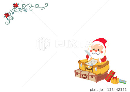 トランクケースの上で手紙を書くサンタさんと冬のフレーム_横 138442531
