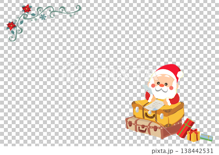 トランクケースの上で手紙を書くサンタさんと冬のフレーム_横 138442531