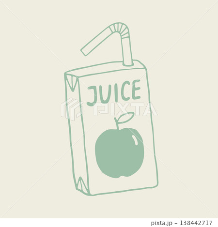 Hand drawn vector of a green apple juice carton box with an attached drinking straw. Clean line art packaging illustration with a simple apple and handwritten text for health and breakfast concepts 138442717