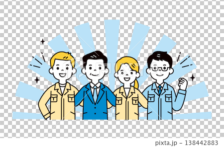 元気に肩を組む、社長・経営者と作業服を着た男性社員・女性社員の上半身ベクターイラスト素材 元気に肩を組む、社長・経営者と作業服を着た男性社員・女性社員の上半身ベクターイラスト素材 138442883