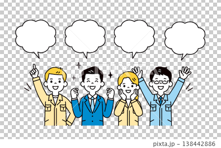 一組向量插圖，描繪了在製造業和建築業中精力充沛地工作的男女員工和公司總裁的對話氣泡和上半身。 138442886