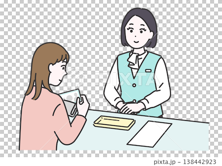 圖中描繪了一名女病人正在醫院接待處用現金支付費用，以及一名醫療辦公室工作人員。 138442923