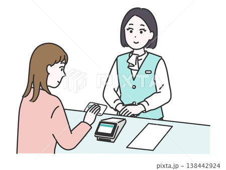 病院の受付でクレジットカード決済をする女性患者と医療事務スタッフのイラスト 138442924