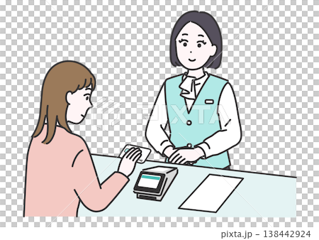 插圖描繪了一名女病人正在醫院接待處用信用卡付款，以及一名醫療辦公室工作人員。 138442924