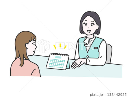 病院受付で次回の診察予約を案内する医療事務スタッフと女性患者のイラスト 138442925