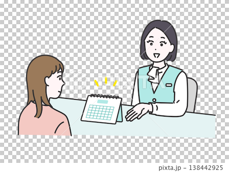 An illustration of a medical office staff member guiding a female patient to her next appointment at the hospital reception. 138442925