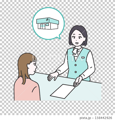 插圖描繪了醫院接待處的一名醫務人員正在配藥、指引病人前往藥房，以及一名女病人。 138442926