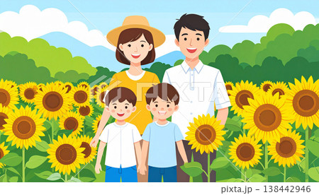 ある夏の日　家族連れでヒマワリ畑へ 138442946