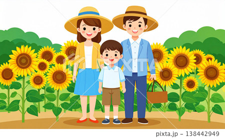 ある夏の日　家族連れでヒマワリ畑へ 138442949
