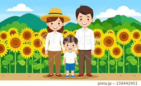 ある夏の日　家族連れでヒマワリ畑へ 138442951